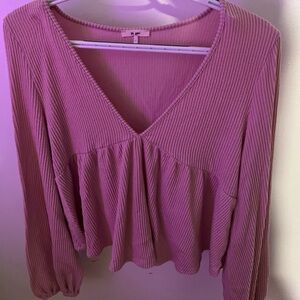 Pink Ribbed V-Neck Blouse Crop Top